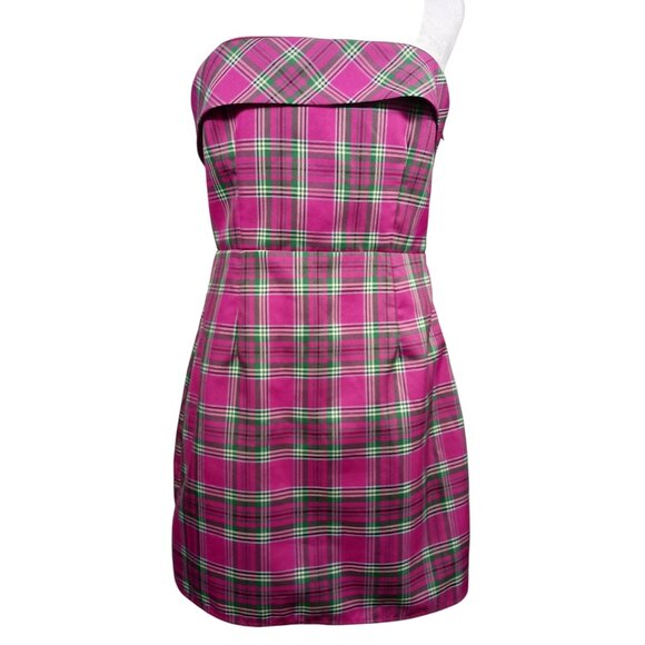 More To Come, Med. "Emaline" Strapless Mini Dress, Pink and Green Plaid, Preppy - Picture 1 of 14